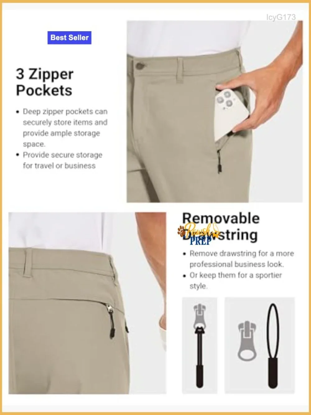 Men's Stretch Golf Pants Slim Fit Tapered Chinos with Zipper Pockets